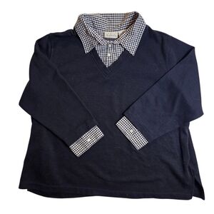 Basic Editions V-Neck Layered Sweater with Checkered Collar